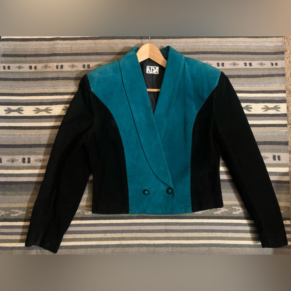Vintage suede black teal cropped leather jacket medium